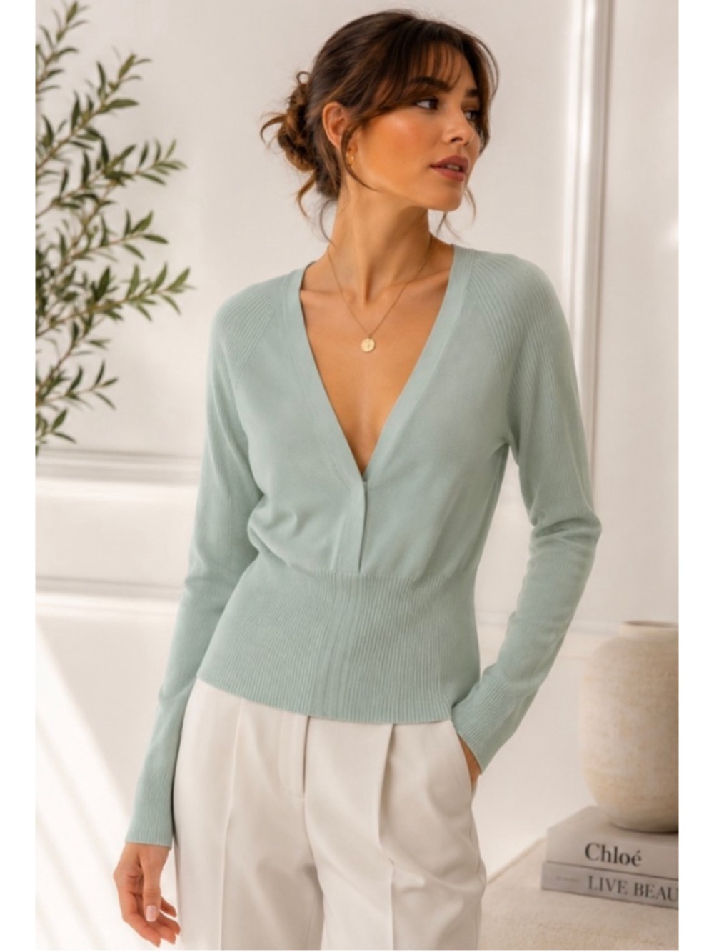 D.Exterior V-Neck Sweater, Size M, Light Green New w Tags Italian Luxury